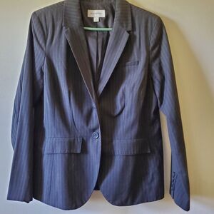 Merona Blazer Jacket Gray Pinstriped Sz 14 Stretch Work Business Easy Dressing